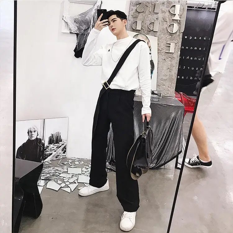 SHENGYUJIN M~ XXL! Новые свободные прямые маленькие брюки мужские трендовые брюки индивидуальность одно плечо брюки tide брюки