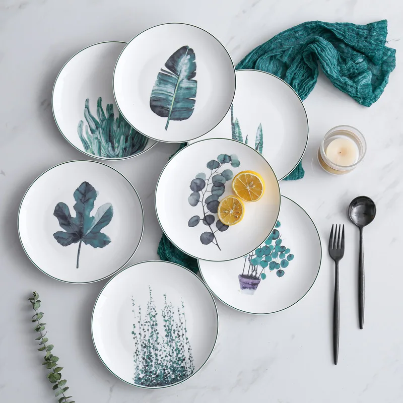 

1pcs 8 inch green plants porcelain Dinner Plate tableware dinner set green plants ceramic dessert plate dinnerware cake plate