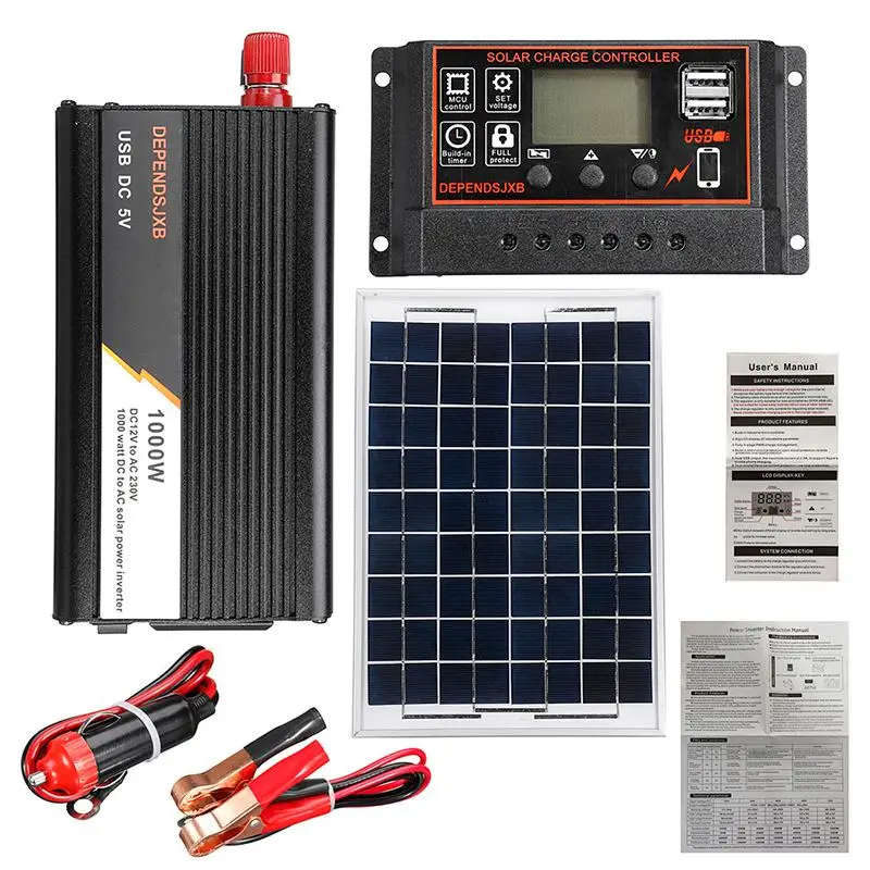 20W Solar Panel System Kit Solar Panel 1000W Power Inverter+10/20/30/40/50/60A USB Solar Controller for Outdoor LED Lighting