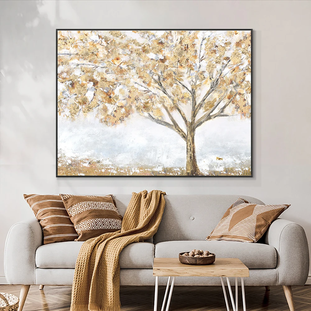 

Abstract Yellow Trees With Gold Foil Oil Painting 100% Hand Painted On Canvas Landscape Wall Art For Living Room Home Decoration