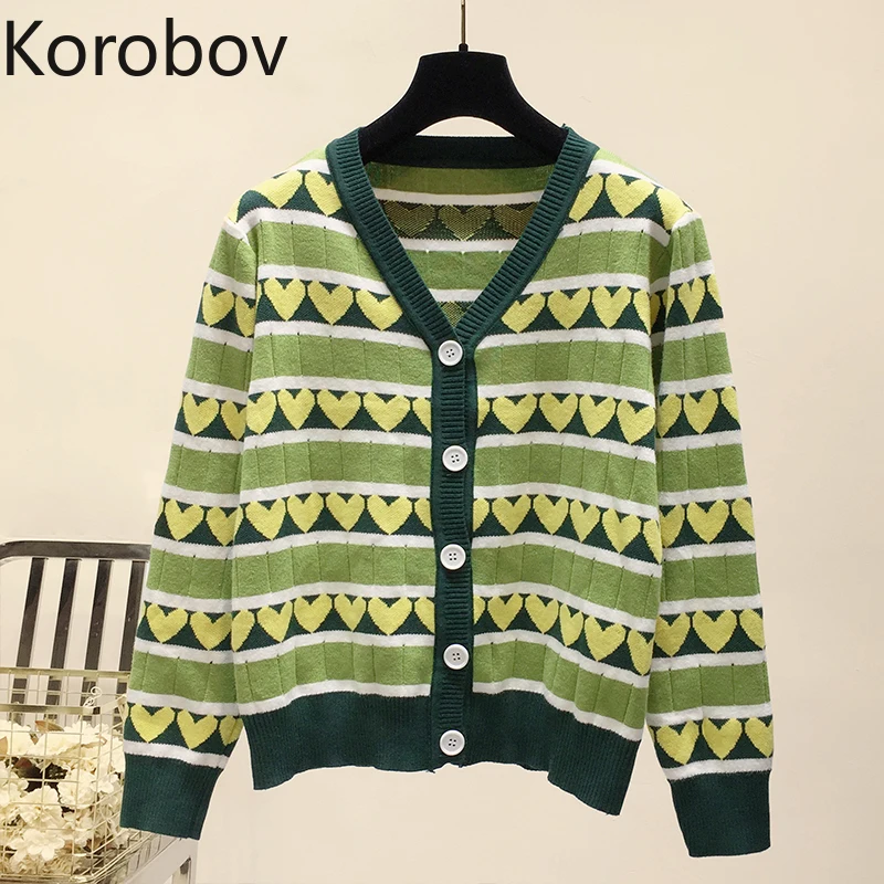 

Korobov Chic Autumn Korean Women Cardigan Long Sleeve V Neck Love Pattern Patchwork Knit Sweater Single Breasted Jumper 78849