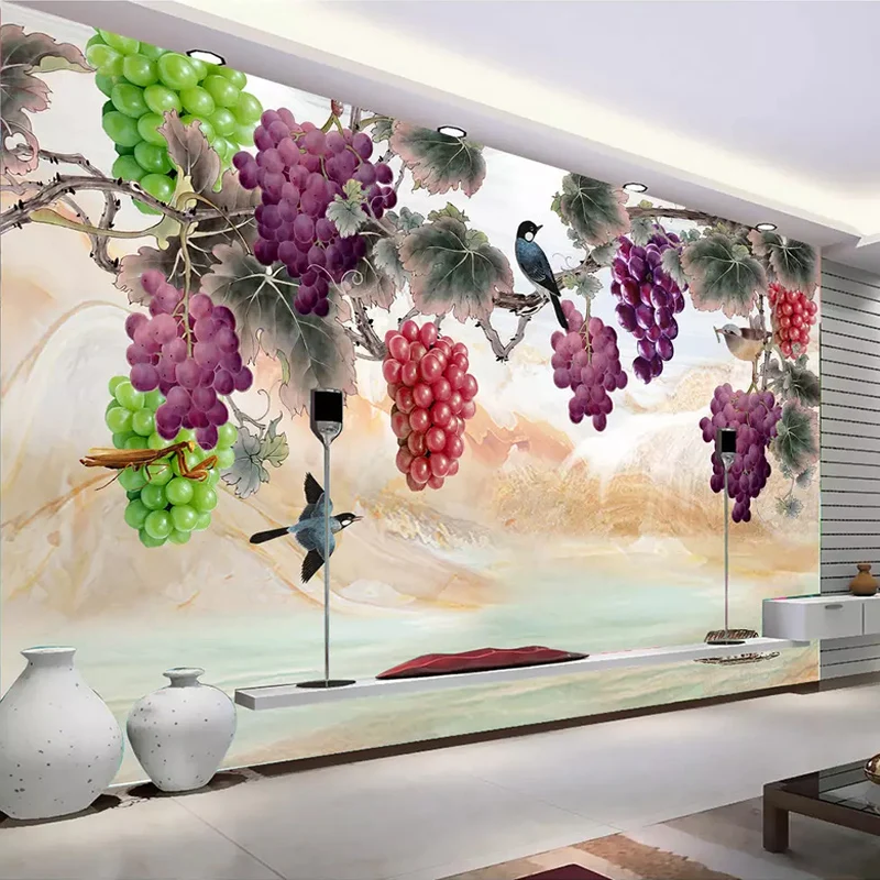 Custom-3D-Wall-Murals-Wallpaper-New-Chinese-Style-Hand-Painted-Purple-Grape-Flowers-Birds-Art-Wall