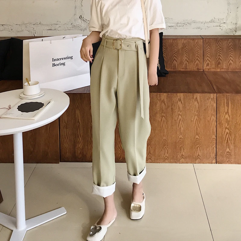 

Casual Sashes High Waist Straight Pants Women Female Work Pants Capris 2019 OL Elegant Trousers