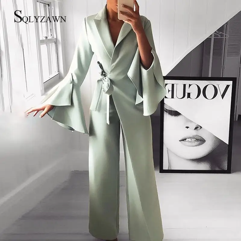 enterizos para mujer largos elegantes Mono de manga larga con cinturón para  mujer Pantalones de pierna ancha Highstreet para mujer otoño Elegante ropa  de trabajo monos 2019 mono mujer| | - AliExpress