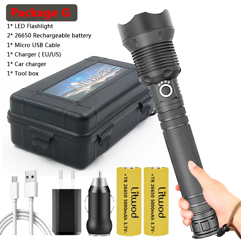 1000,000LM XHP160 The most Brightest Led Flashlight Zoomable Usb Chargeable Torch Light 18650 26650 Battery Lantern for Camping waterproof flashlights Flashlights