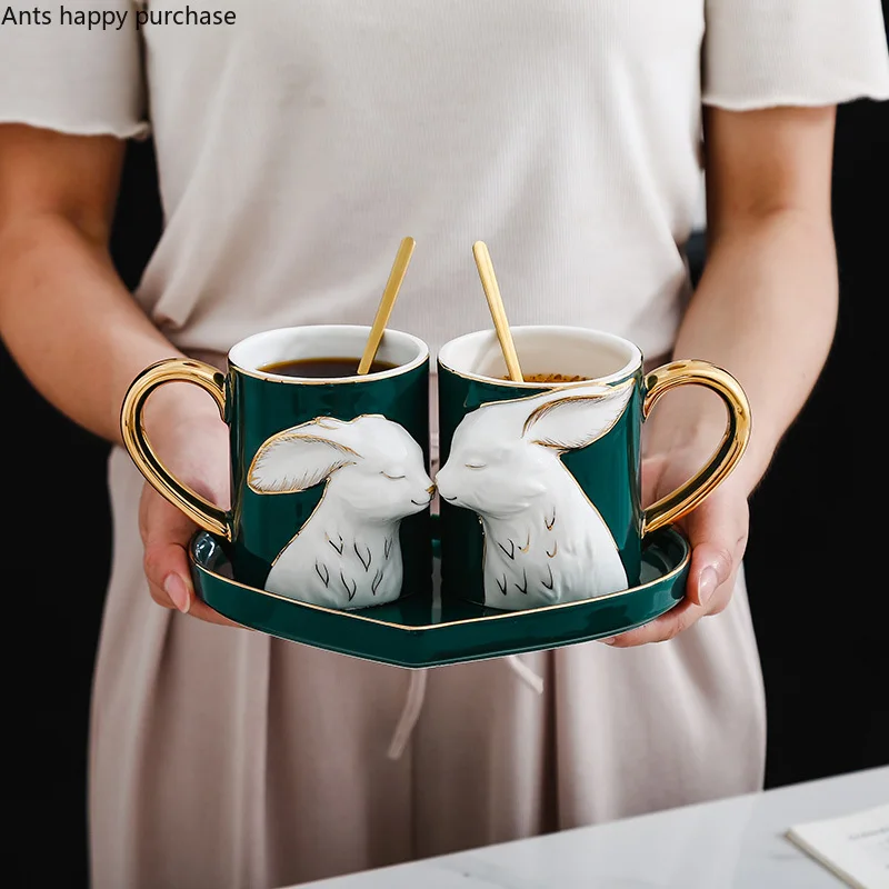 Керамические парные чашки, зеленые бытовые чашки для воды, ложка с крышкой, держатель для чашки, пара кружки, чашки, подарок на день рождения, свадебные подарки