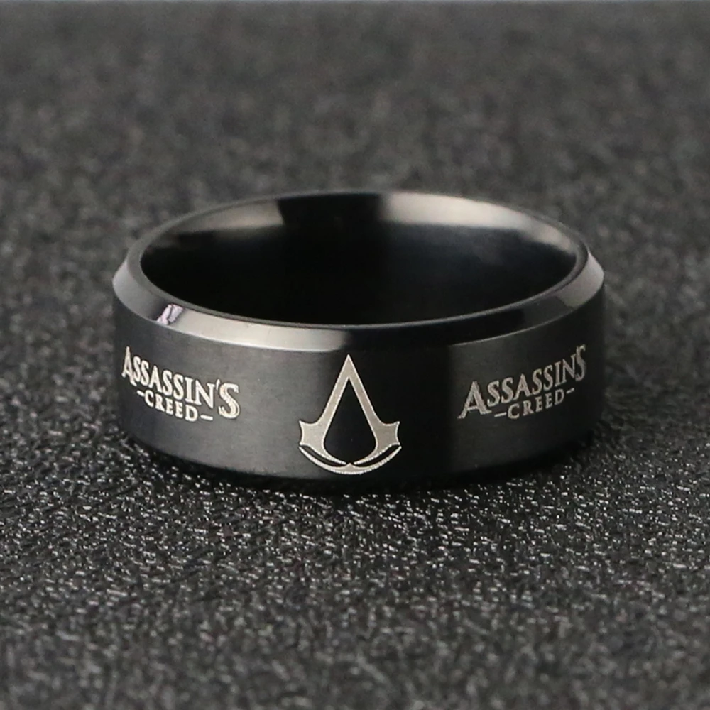 Assassins Creed Ring Altair Ezio Connor Desmond Black Logo Fashion Titanium Steel Movie Game Jewelry Cosplay Men Women Wholesale