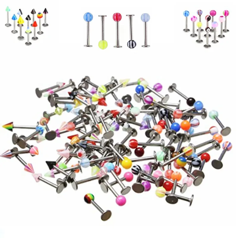 10/20/30/50Pcs Mix Vertical Labret Lip Piercing Lot 16G Plastic Labret Piercing Pack Mix Lip Ring Lot Cartilage Tragus Piercing