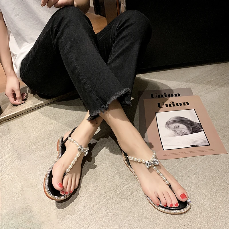 

Simple style 2019 new sandals toe women's shoes gentle simple rhinestones pregnant women pearl flat shoes woman