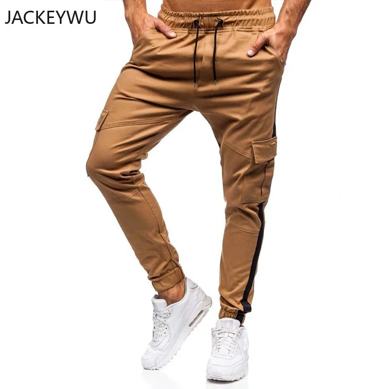 Brand Men Casual Pants Korean Fashion Side Stripe Joggers Men Pocket Overalls Hip Hop Streetwear