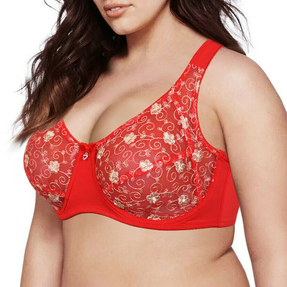 

YBCG Red Bra Large Size Sexy Unlined Thin Cup Lingerie Floral Breathable Underwear Adjusted-straps Plus Size DD E F Cup