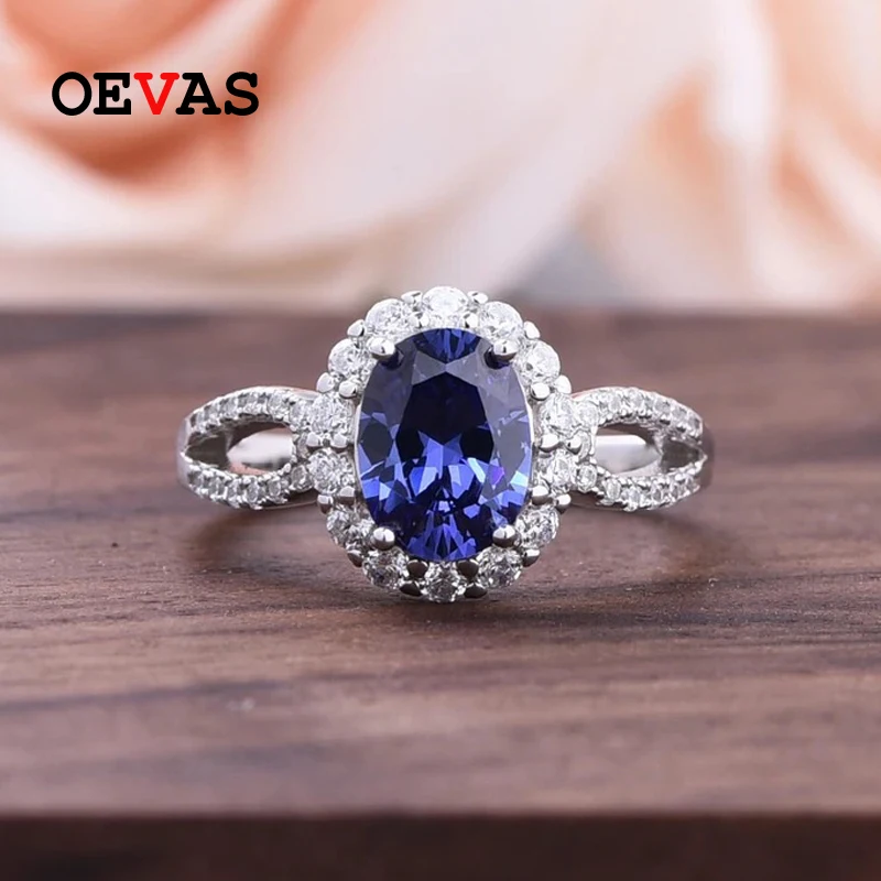 OEVAS 100% Серебро 925 пробы 8*10 Овальный синтетический сапфир высокоуглеродистые