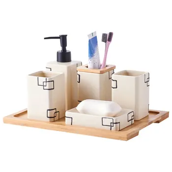 

5PCS 6pcs Ceramic Bathroom Accessories Set Wash Set Bamboo Wooden Tray Creative Mouthwash Cup Toothbrush Cup Toilet Toothbrush C