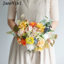JaneVini Orange Flowers Wedding Bridal Bridesmaid Bouquets Holder Ramo Novia Artificial Silk Yellow Roses Bouquet De Mariee