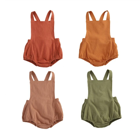 Infant Baby Sling Jumpsuit with Pockets Newborn Stylish Wild Sleeveless Cotton Romper Solid Color |