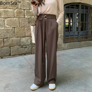 

BornSra 2020 Spring Summer Female Trousers Pantalon Casual Loose Long Pants for Women Chic Sashes Belted Female Suit Pant Femme