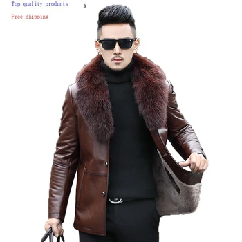 

Genuine Sheepskin Leather Jacket Men Mink Collar Wool Liner Men's Sheepskin Coat Natural Fox Fur Collar F-7156 KJ1436