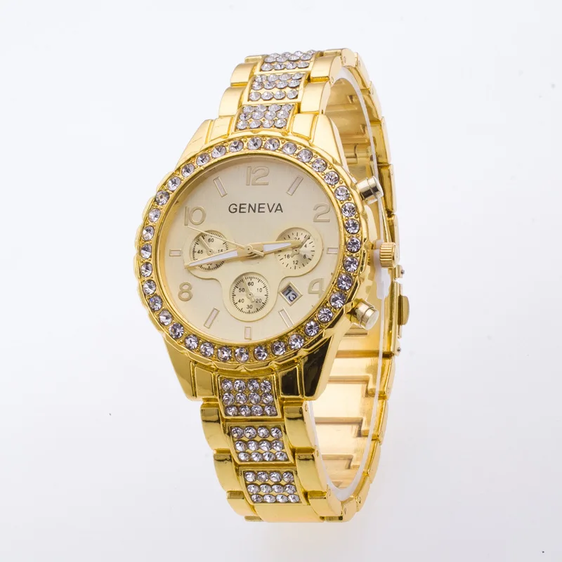 

0174 Fashion Circle Gold-Tone Case False Three-Eyed with Calendar Disk Gentleman Wind Trend Diamond-embedded Watch Men-