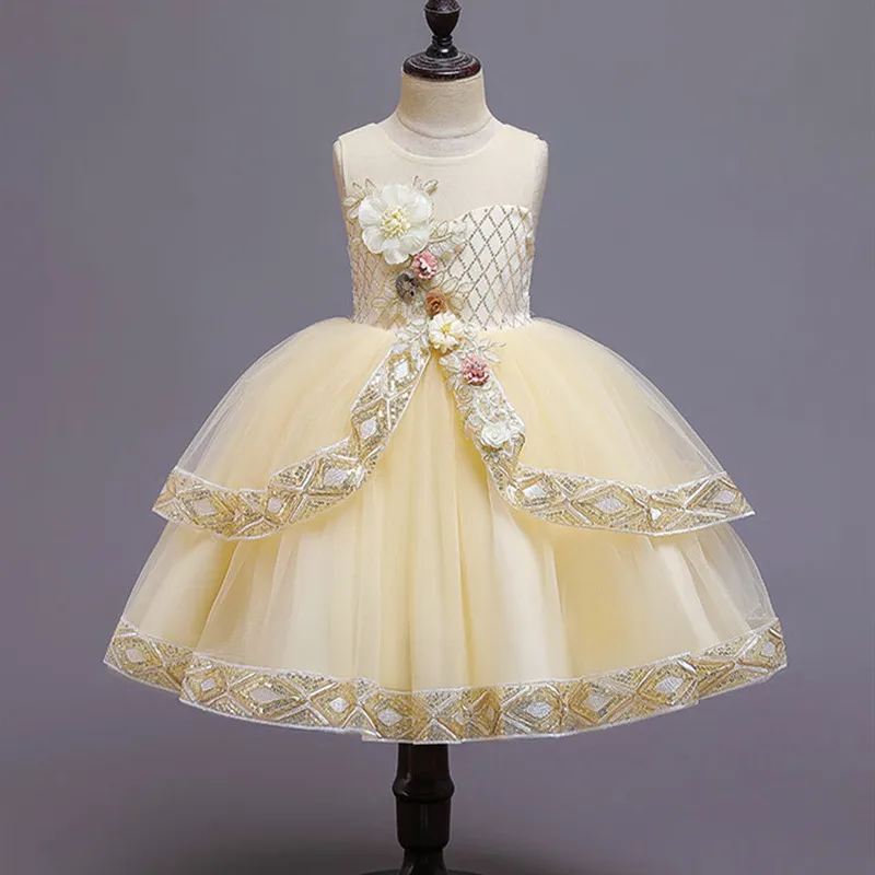 

Sequined Lace Flower Dress for Girls Elegant Evening Bithrday Party Dress Children's Dress Applique Dress Girl 8 10 Years INS