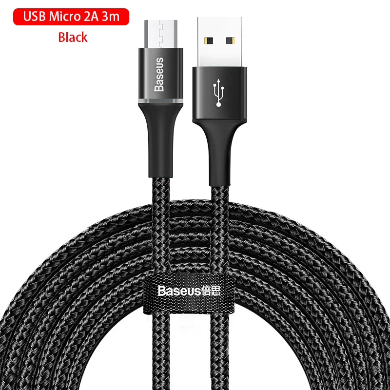 Baseus Micro USB кабель 3A быстрой зарядки Android кабель для передачи данных для мобильного телефона Micro Зарядное устройство, 1 м, 2 м, проволочные заряжающие провода шнур с светодиодный освещения - Название цвета: 2A 3m Black