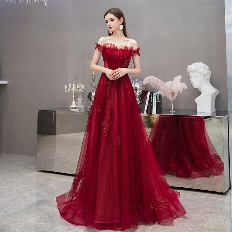 SSYFashion, новинка, темно-Красное длинное вечернее платье, роскошное, с блестками, кружевное, с аппликацией и вырезом лодочкой, для выпускного вечера, вечерние платья на заказ, Vestidos De Noche - Цвет: dark red