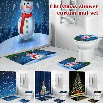 

4PCS Modern Christmas Pattern Shower Curtain Set Mat Toilet Cover Shower Curtain Bath Seat Covers For Bathroom Decor _WK
