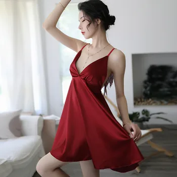 

Women Night Dress Straps Sleepwear Sexy v Neck Babydoll Lingerie Set Satin Backless Night Wear Nightgowns Summer Home Wear