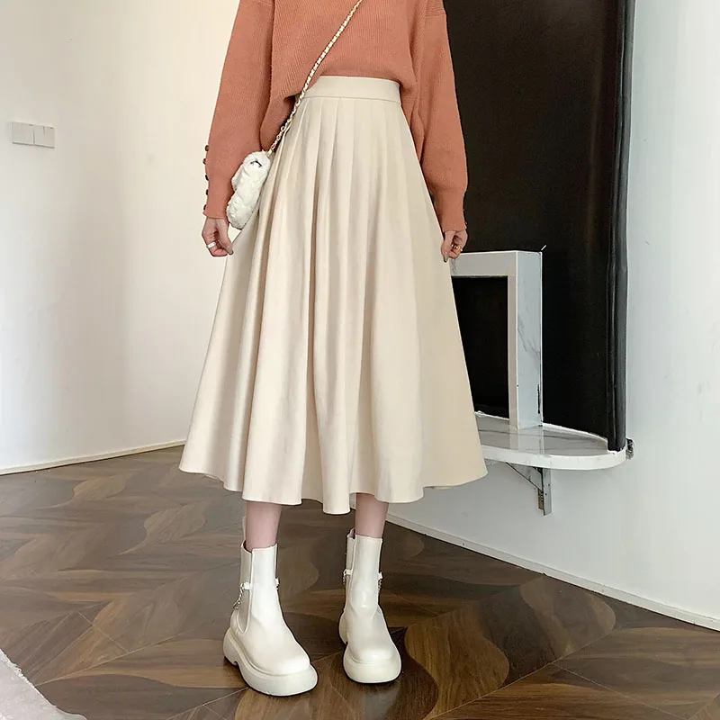 Lucyever Fashion High Waist Pleated Skirt Women Korean Elegant College Style Midi Skirt Ladies Autumn Winter Thick A-line Skirts pleated midi skirt Skirts