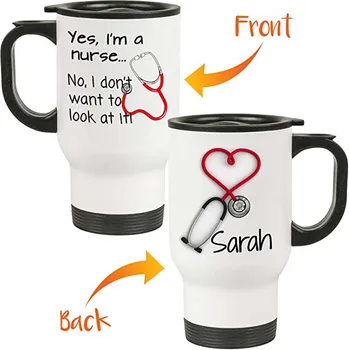 

Personalized Custom Name Stethoscope Travel Mug - Yes I'm A Nurse - 14oz Insulated Mug with Lid