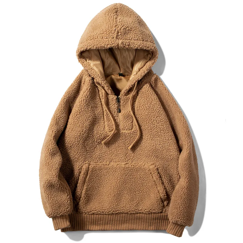  Winter New Style Hooded Drawstring Hoodie Lamb Plush Fashion Solid Color Pullover Large-Volume Pock