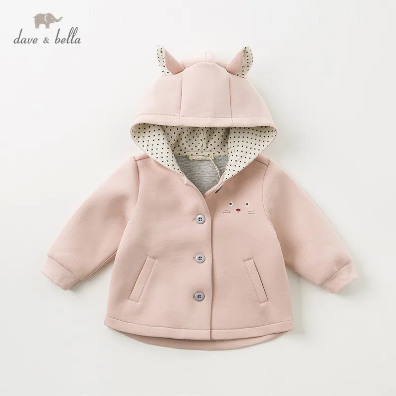 DBW11664 dave bella/осенне-зимнее пальто с капюшоном и карманами для маленьких девочек с милым котом детские топы, модная верхняя одежда для малышей
