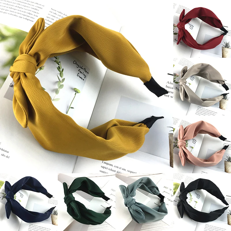 Cute Women Girl Hair Hoop Band Rabbit Ears Headband Retro Satin Bow Vintage Solid Color Head Hoop Bezel Haar Hair Accessories