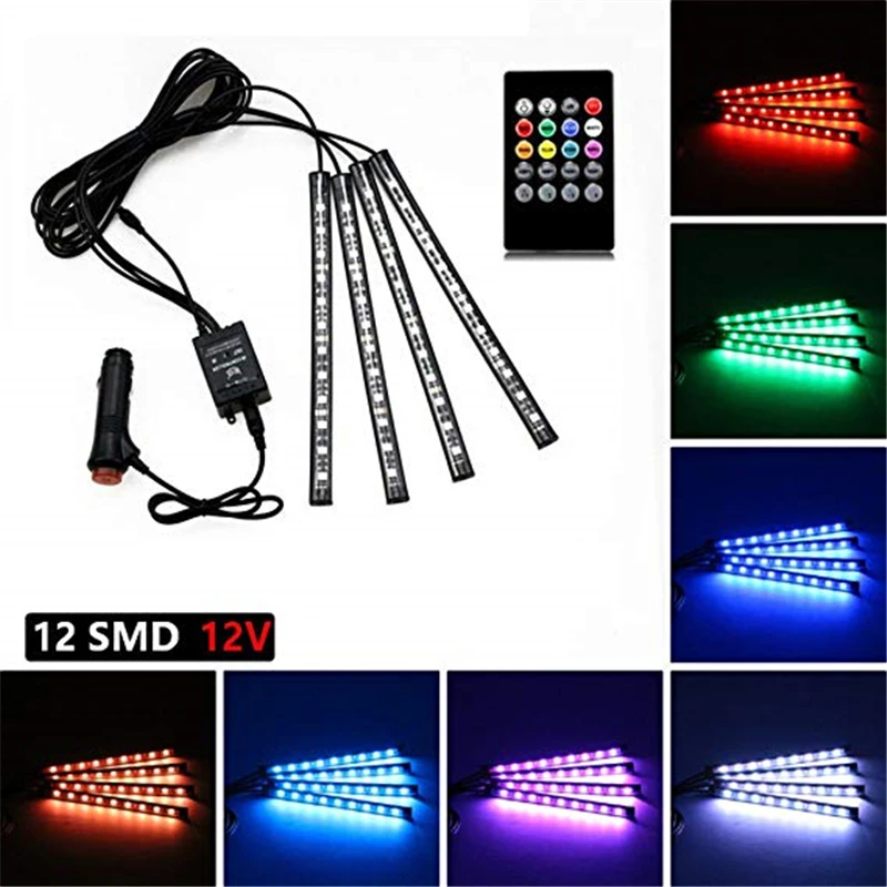 

Car foot lamp atmosphere lamp 12 Colorful LED with voice control wireless remote sensor Multiple modes Car Interior Light