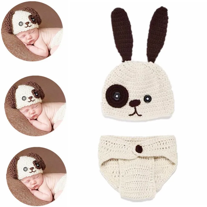 2 unids/set accesorios de fotografía recién nacido tejido al Crochet para bebé sombrero de dibujos animados lindo perro ropa infantil bebé niño niñas accesorios de la foto