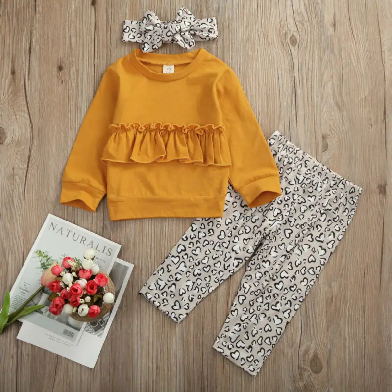 3Pcs Toddler Kids Baby Girl Clothes Sets 1-5Y Ruffles Solid T-shirt Tops+Leopard Floral Pants+Headband Outfits Set