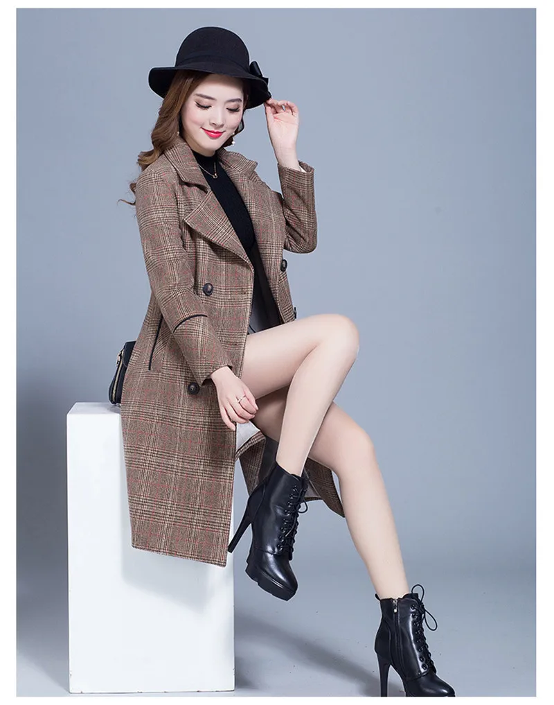 New Style Fashion Korean Women Double Breast Houndstooth Woolen Cashmere Coat for Winter