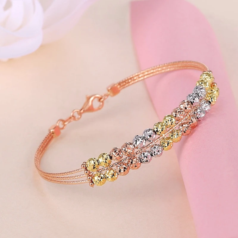 Newest Glitzy 2 Layer Bead Laser Carve 18k True Real Solid Gold Bangles Upscale Wedding Anniversary Jewelry For Women Fancy Gift