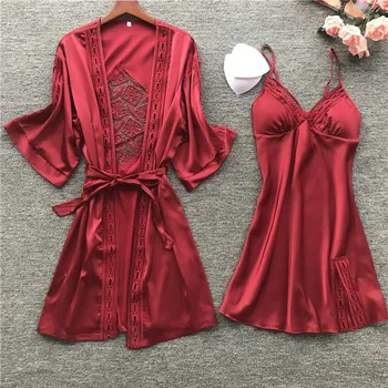 

2 Pieces/set Womens Sleepwear Robes Satin Lace Top Sexy Pajamas Suits Mujer Pyjamas for Women Nightdress Female Sleep Lounge Set