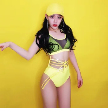 

Jazz Dance Costumes Yellow Pole Dance Rave Outfits Dj Ds Nightclub Bikini Gogo Dancers Performance Clothing Stage Wear DC3944