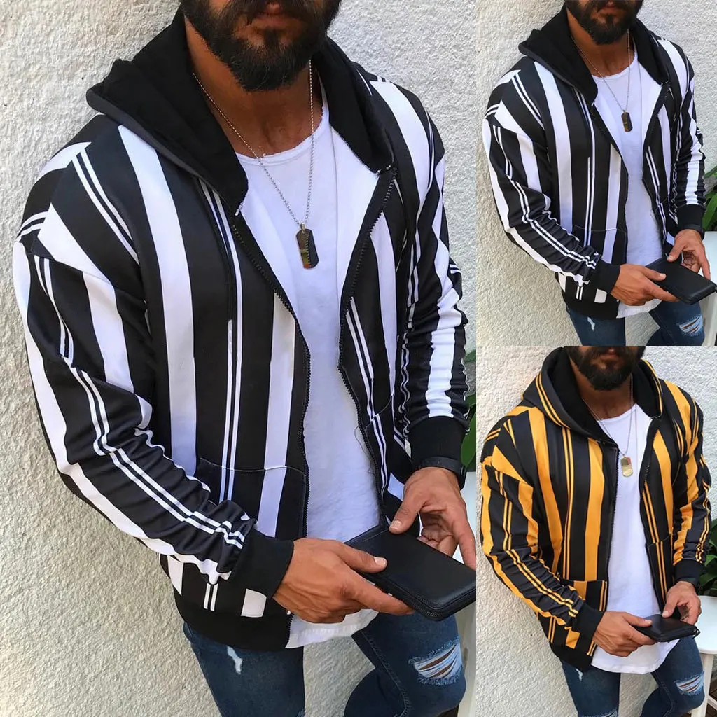 

Men Winter New European and American Hoodies Striped Color Matching Fleece Men's Zipper Jacket