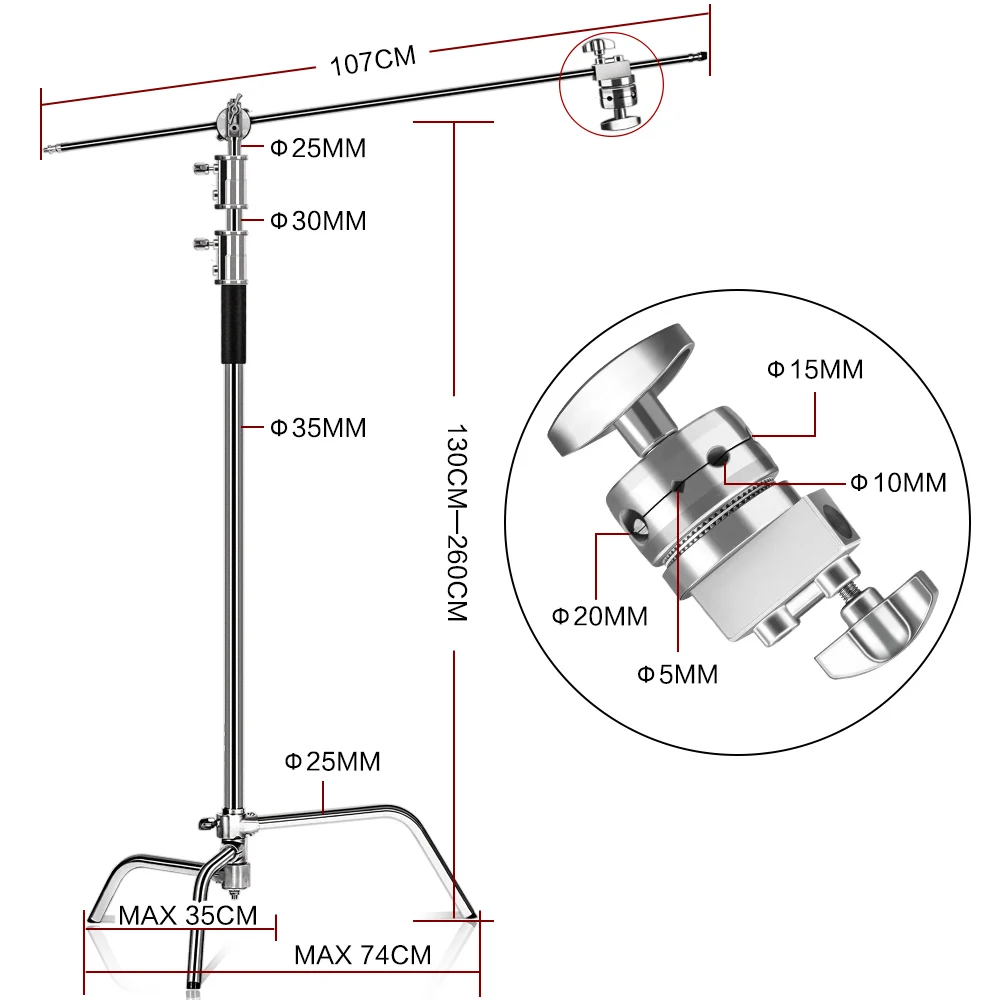 2.6M/8.5FT Stainless Steel Century Foldable Light Stand Tripod Magic Leg Photography C-Stand For Spot Light,Softbox,Photo Studio — view 3