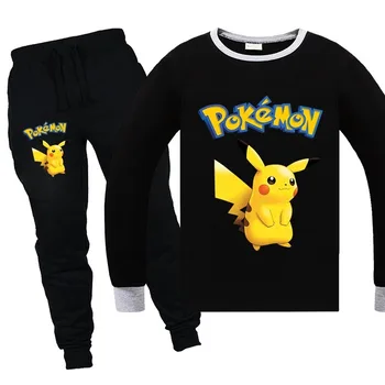 

New Boy Pokemon Go Detective Pikachu Clothes Spring Sweatshirt 2pcs Cotton Cartoon Long Sleeve + Trousers Sports Youth Suit