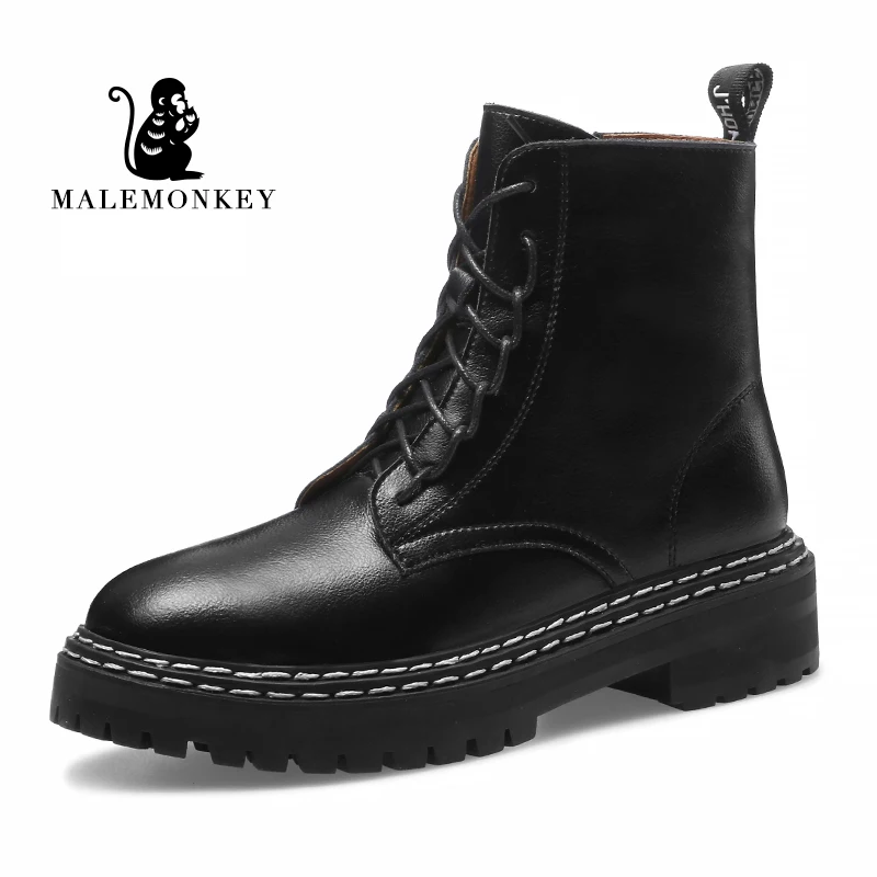 Malemonkey/Size35-40 зимняя обувь; модные женские ботинки; женские Ботинки martin; кожаные ботильоны в байкерском стиле - Цвет: Black