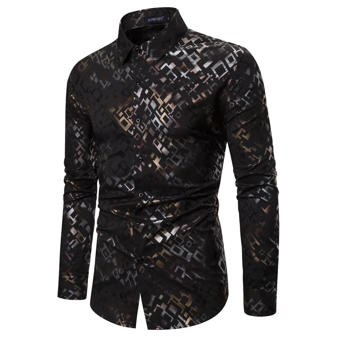 

Spring 2020 Men's Long Sleeve Shirt Nightclubs In Europe and The United States Disco Gold Stamping Elastic Casual Shirts