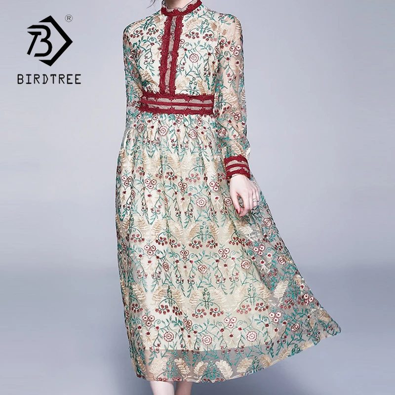2020 весна осень новое ретро вышитое длинное платье темперамент кружева