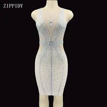 Модное Сетчатое прозрачное Серебряное платье, стразы, прозрачное, без рукавов, кристаллы, стрейчевое платье, праздничный сексуальный костюм YOUDU