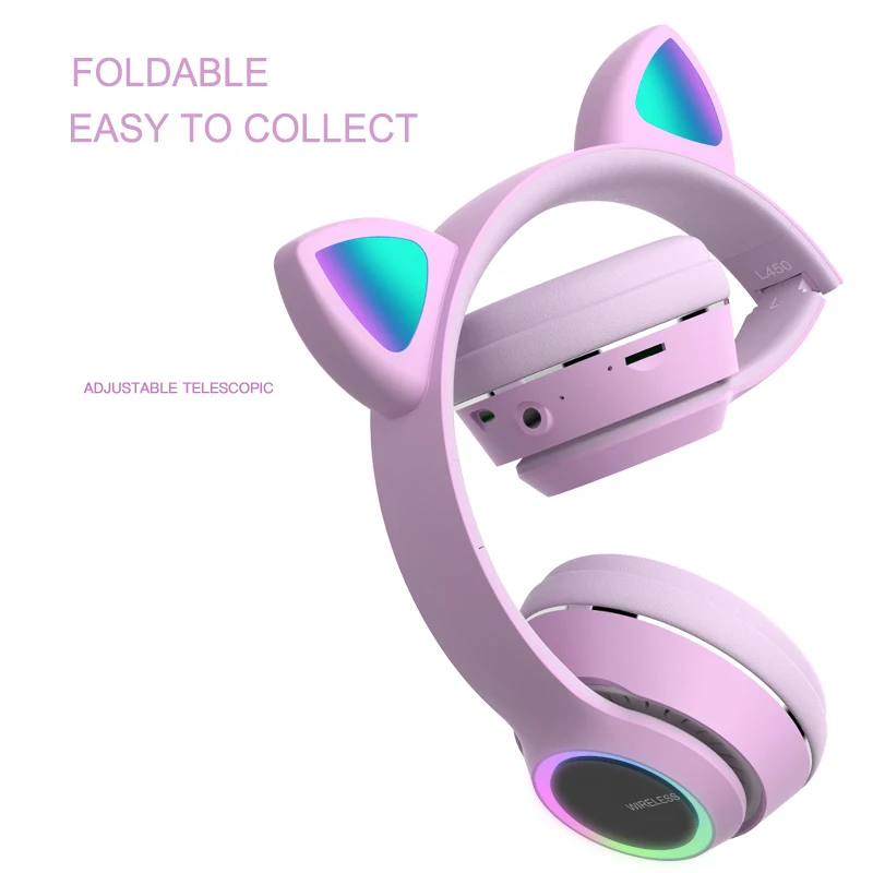 Fone de Ouvido de Gato Crianças com Fio V5.0 sem Fio Fofo Bluetooth Microfone Dobrável Cartão tf Jogo Estéreo Menina - Image 5