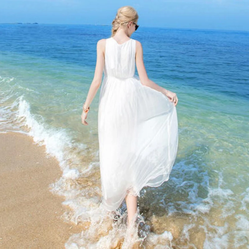 New Real 100%Silk Dress Women Natural Silk High Quality Elegent Holiday Beach Long dress White Free Shipping