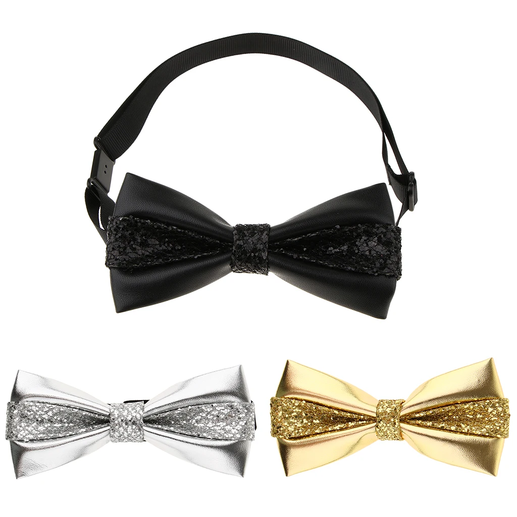 Men's PU Leather Sequins Shining Wedding Pre Tied Bowtie Tuxedo Necktie