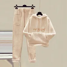 

Korean style loose autumn and winter fashion suit women plus velvet thick lamb wool sweater nine points woolen casual pants